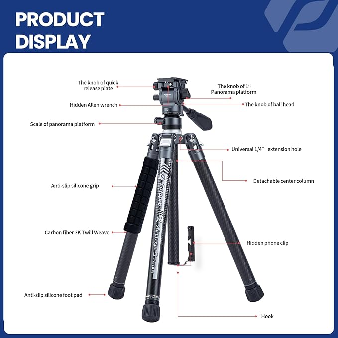 Fotopro Carbon Fiber Tripod 2.3lbs Ultralight 62 Inch Portable Travel Video - Image 7