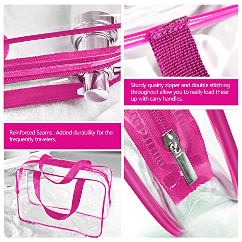 3Pcs Crystal Clear PVC Travel Toiletry Bag Kit for Women Men (1 Large, 1 Medium, 1 Small-Hot Pink / 3 Piece Set)