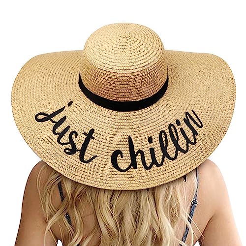 Big Straw Sun Hats for Women Floppy Foldable Roll up Beach Cap Sun Hat UPF 50+ Vacation Honeymoon Embroidered Hat (Ae Just Chillin: Khaki)