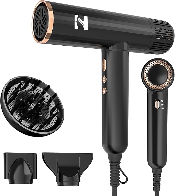 Nicebay Ionic Hair Dryer with diffuser for Curly Hair,1600W &110000RPM High-Speed Brushless Motor for Fast Drying,Professional Blow Dryer for Women,Low Noise,Lightweight,Lock Function,Travel HomeSalon