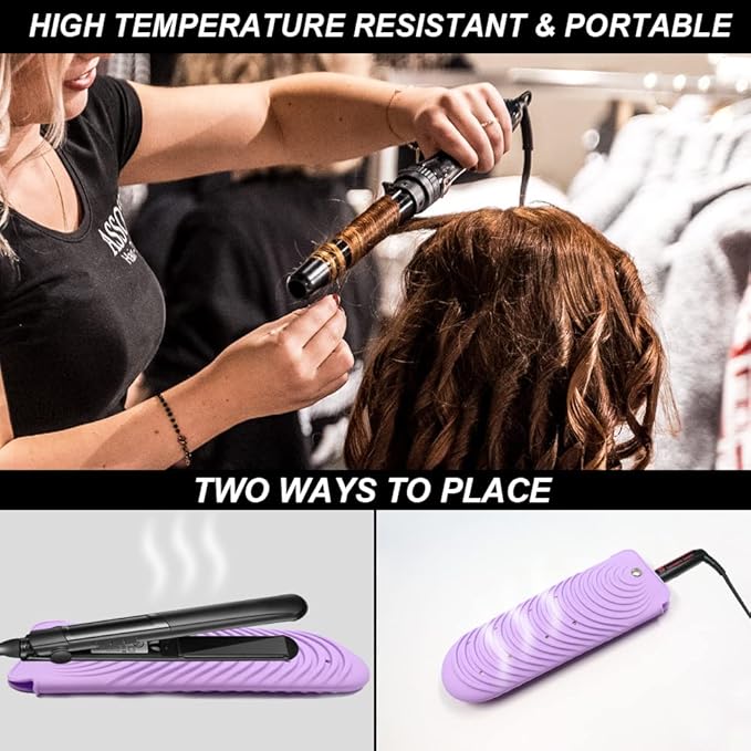 Heat Insulating Silicone Mat Pouch for Hair Straightener, Anti-Slip Travel Pad Cover for Curling & Flat Iron, Portable Styling Heat Mat Holder for Curler Wand and Hot Waver (Purple)