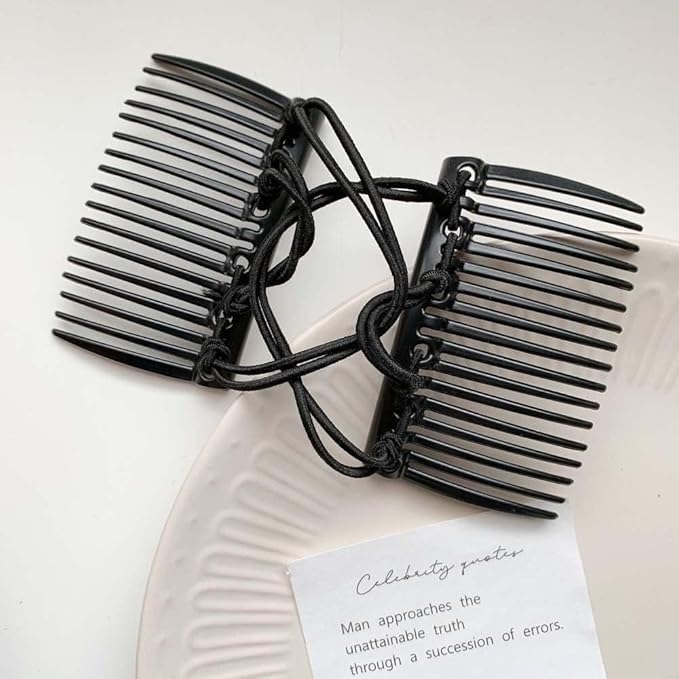 2Pcs Stretchy Comfy Hair Comb Clips, Double Slide Hairpins, Double Comb for Curly Wavy Hair - No Slip, Ouchless,Adjustable & Simple Long Lasting Updo's Black Elastic No Crease, Styling Accessories