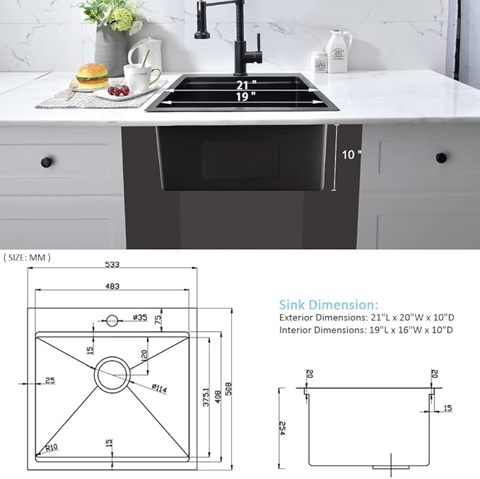 21 Inch Drop In Bar Sink- Bokaiya 21x20 Black Stainless Steel Drop In Wet Bar - Image 8