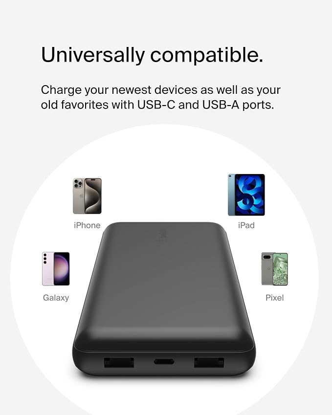 Belkin Portable Charger, USB-C Power Bank 20000 mAh w/ 2 USB-A Ports, 15W w/ - Image 8