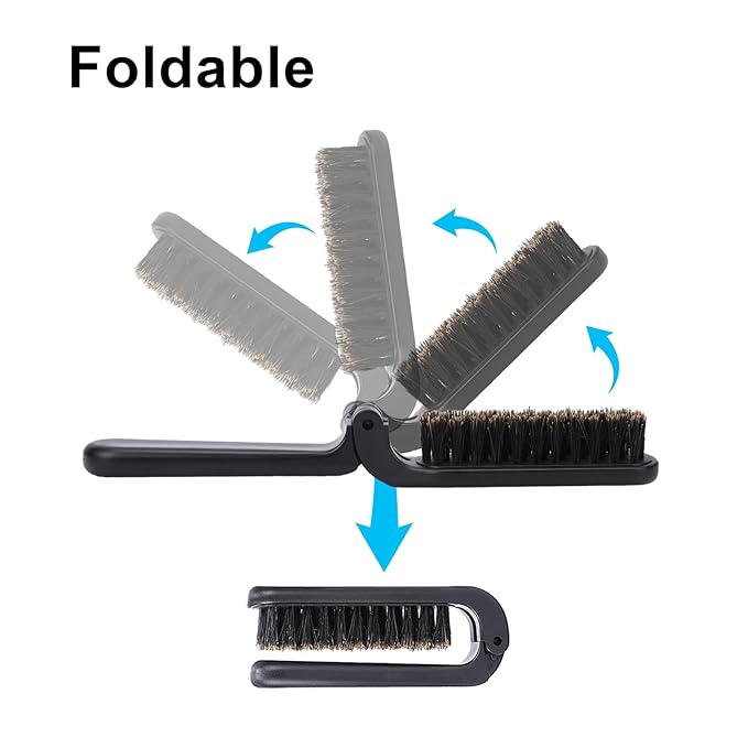 2 Pcs Travel Folding Boar Bristles Hair Brush, Collapsable Pocket Anti-Static Range Mini Beard and Hair Styling Tool for Women and Men (Black)