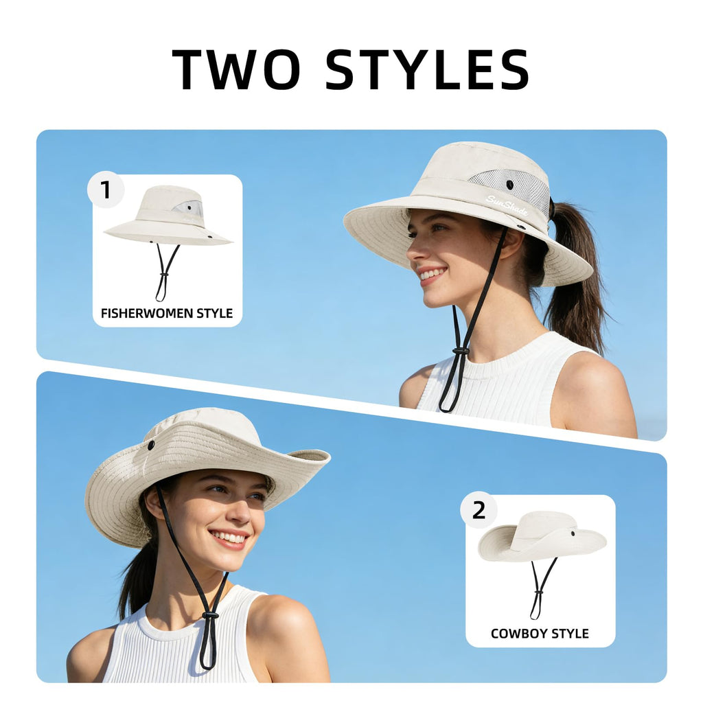 Ponytail Sun Bucket Hats for Women UV Protection Foldable Wide Brim (1 Pack-pure-beige)