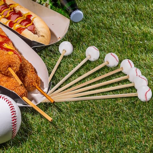 100 Pieces Baseball Decorative Sports Ball End Cocktail Skewers 4.7 Inch Bamboo Cocktail Picks Wooden Decorative Fruit Toothpicks for Appetizers Bar Drinks Fruit Sandwich Buffets Party Supplies (Baseball)