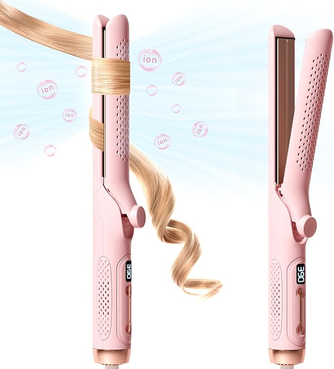 Hahahope Hair Straightener Curler 2-in-1: 1.25" Flat Iron for Women - Curling Wand 360° Airflow Cooling Vents Titanium Ionic for Less Frizz - 5 Temps & Auto Off Dual Voltage (Pink)