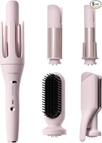 5 in 1 Auto Curling Iron Set with Interchangeable Barrels - 1", 1.25", 1.5" Curling Wand, Hair Crimper & Straightening Brush, Rotating Ceramic Curler, 3 Temp, Dual Voltage, Anti-Scald, Pink