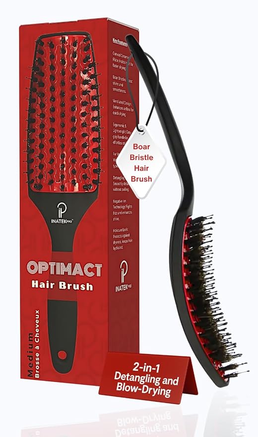 Curved Vented for Blow Drying - Boar Bristle Brush (Medium) with Comfortable Handle - Soft Bristle Brush for Thick and Fine Hair - Natural Boar Bristles for Women, Men & Kids - RED
