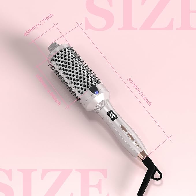 K&K Thermal Brush Heated Round Brush - Blowout Look Volumizer with 1.7 inch Heated Round for Hair Styler Tool Hair Straightener and Curler 2 in 1 Dual Voltage Temperture Contronal (Silver, 1.7 Inch)