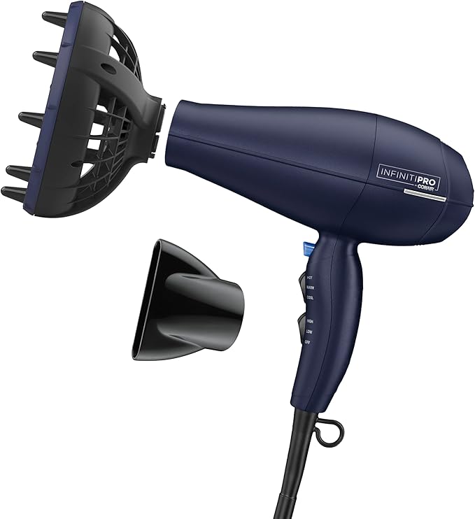 INFINITI PRO CONAIR Hair Dryer with Innovative Diffuser, Enhances Curls and Waves While Reducing Frizz, Dark Blue