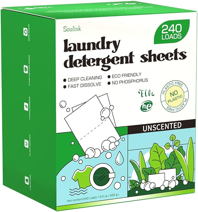 Soulink Laundry Detergent Sheets Unscented 240 Loads，Eco Friendly Detergent by Soulink