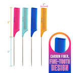 Colortrak Carbon Fiber Combs, Durable, Heat-Proof Comb, Anti-Static to Prevent Frizz, Bleach Safe Stainless Steel Pintail, 4pc Bag (Orange, Teal, Blue, Pink)