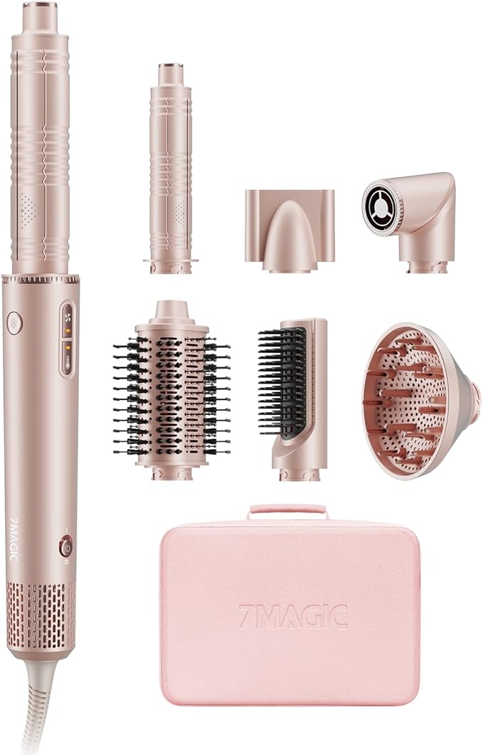 7MAGIC 7 in 1 Hair Styler & Hair Dryer Brush, Negative Ionic Hot Air Styler, 120 Volts, 1400W Powerful Blow Dryer Brush & Multi-Style for Straight, Wavy, Curly, and Coily Hair, Travel Case, Pink