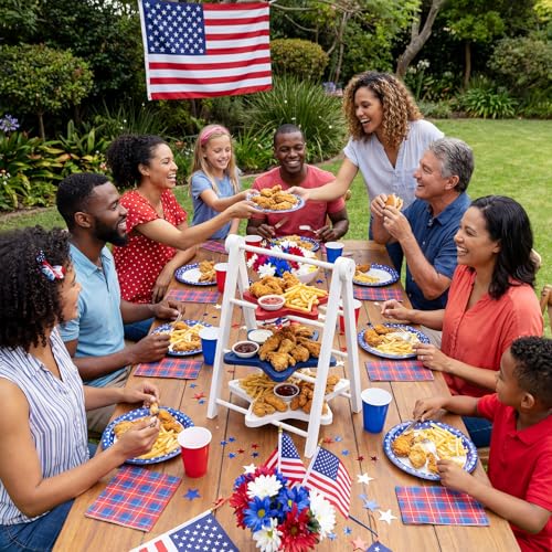 3 Tier Patriotic Star Serving Tray Red White Blue Wooden 4th of July Dessert Platters Independence Day 12" (Independence Day)