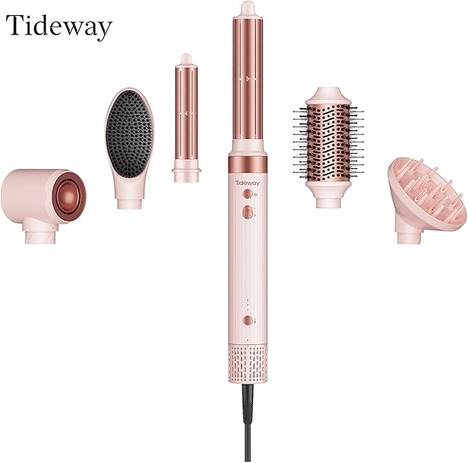 Tideway Prowaver 6-in-1 Hot Air Styler Wrap Dual Voltage Ionic Professional Hair Dryer Brush with Auto Wrap Curlers &Volumizing Brush for Fast Drying& Frizz Free Hair with No Heat Damage for Women