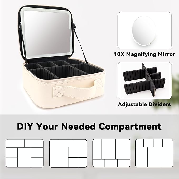Travel Makeup Bag with LED Mirror and 10x magnifying glass with 3 Lighted - Image 4