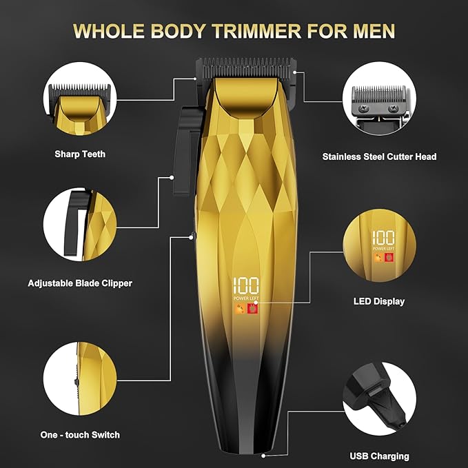 2-in-1 Professional Hair Clippers Set,Cordless Hair Clippers and T-Blade Trimmer Kit for Men,LCD Display,USB Rechargeable,Adjustable Guards,Waterproof,Beard & Body Grooming Kit (Gold)