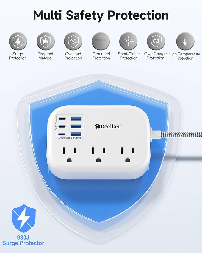 Short Extension Cord 1 Ft- 6 USB Travel Power Strip - Image 6