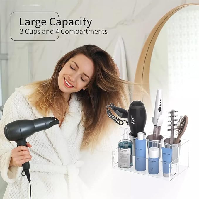 OnDisplay Fallon Deluxe Acrylic Hair Tool and Accessory Organization Station - Holds Hair Dryer, Curling Iron, Hair Straightener - Cosmetics/Makeup/Brushes/Pencils (Pink)