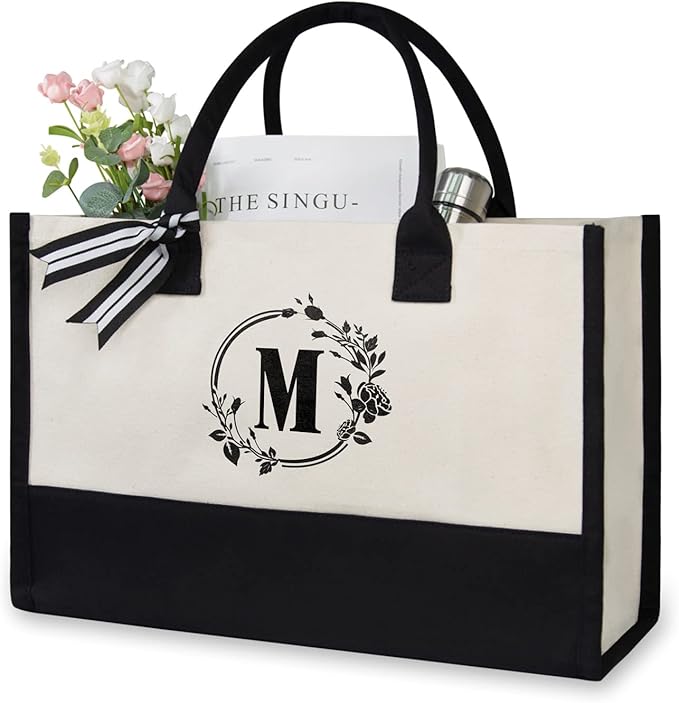 TOPDesign Personalized Initial Jute/Canvas Beach Bag, Monogrammed Gift Tote Bag by TOPDesign