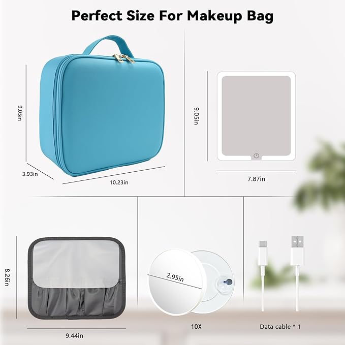 Travel Makeup Bag with LED Mirror and 10x magnifying glass with 3 Lighted - Image 8
