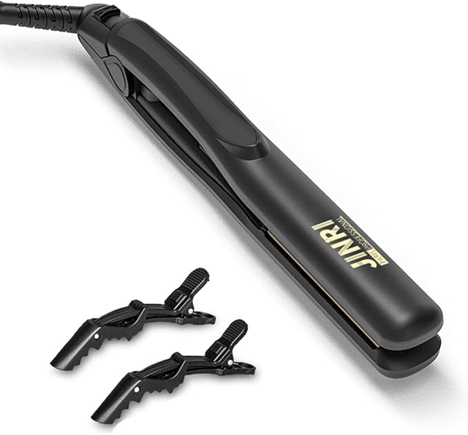 JINRI Titanium Plate Hair Straightener, 200℃ High Heat, 0.8" Mini Size, Dual Voltage for Global Travel, Suitable for All Hair Types & Styles