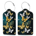 Set of 2 Luggage Tags Golden and White Butterfly Leather Suitcases Tag with Privacy Cover Stainless Steel Loop and Address Card for Women Men Travel (Golden and White Butterfly)