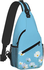 Sling Bag White Flower Blue Summer Hiking Daypack Crossbody Shoulder Backpack - Image 2