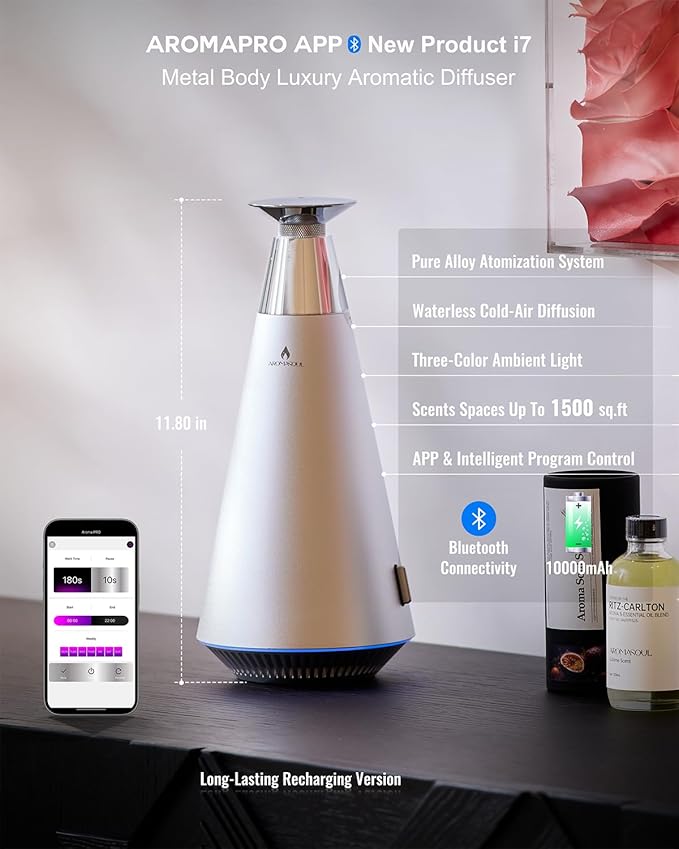Waterless Scent Diffuser Starter Kit - 1500 Sq Ft Coverage, Alloy Atomization System,Mood Light,Smart Rechargeable Hotel Scent Diffuser, Including 120ml Essential Oil, for Home,Large Room,Spa,Silver