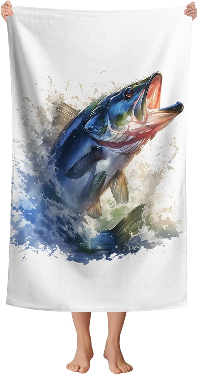 WZOMT Bass Fish Beach Towel Blanket Fishing Towels, Funny Bass Green White by WZOMT