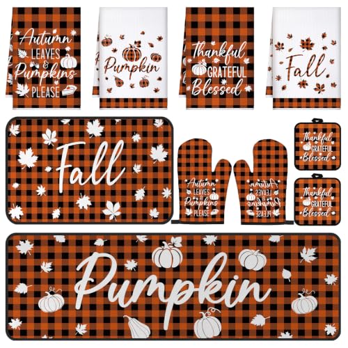 10 Pcs Fall Pumpkin Kitchen Decor Set Kitchen Towels Pot Holders Oven Mitts and Rugs Set Thanksgiving Towels for Baking Cooking BBQ Autumn Home (White, Orange / Checkered Pumpkin)