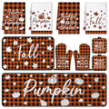 10 Pcs Fall Pumpkin Kitchen Decor Set Kitchen Towels Pot Holders Oven Mitts and Rugs Set Thanksgiving Towels for Baking Cooking BBQ Autumn Home (White, Orange / Checkered Pumpkin)