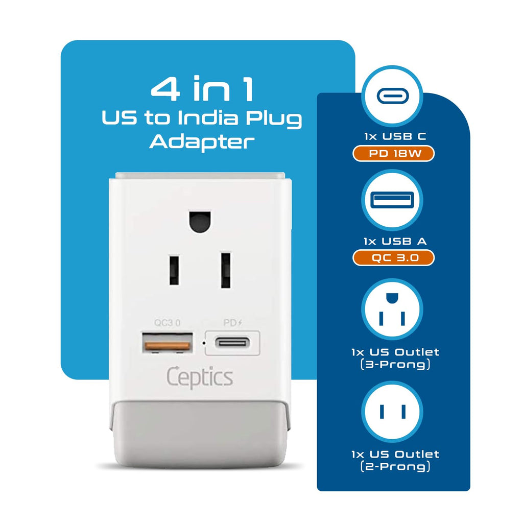 US to India Plug Adapter (white gray)