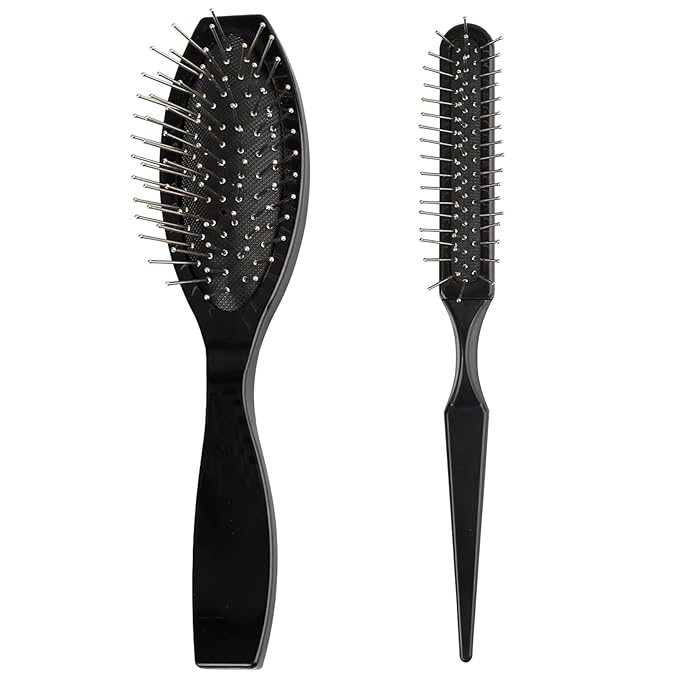 2-in-1 Synthetic Wig Brush with Stainless Steel Handle and Ball Tips for Gentle Detangling and Styling Natural Curls and Wigs - Black (2PCS)