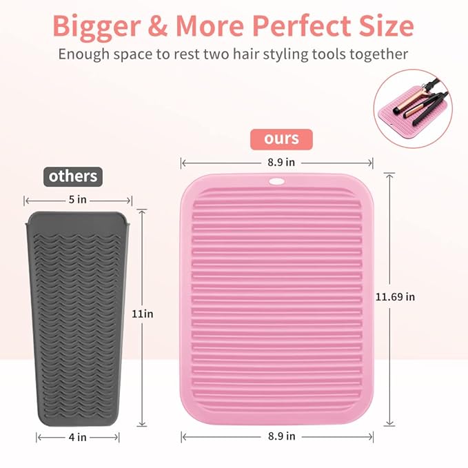 Large Silicone Heat Resistant Mat for Hair Tools, Heat Pad for Curling Iron, Iron Flat Appliances Hair Styling Tools, Portable Vanity Pad Accessories/Organizer (Pink)
