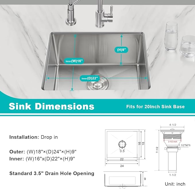 24 inch Undermount Kitchen Sink, 24 x 18 inch Single Bowl Stainless Steel - Image 3