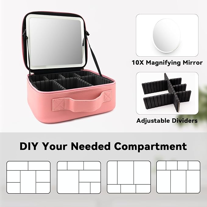 Travel Makeup Bag with LED Mirror and 10x magnifying glass with 3 Lighted - Image 4