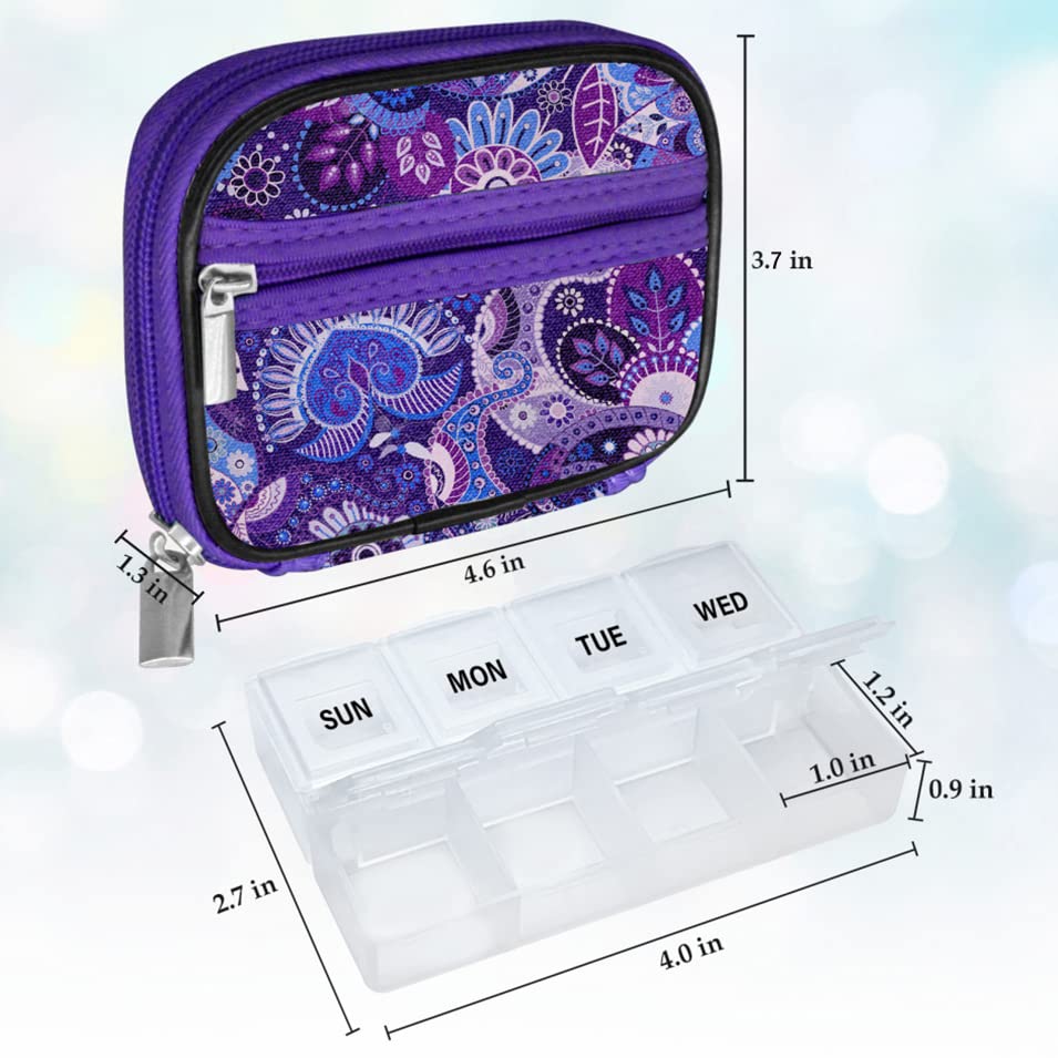 Weekly Travel Pill Organizer Cute Pill Case with 7 Day Pill Box (2 Cases + 2 Boxes / C. Bloom 01 + Purple 01)