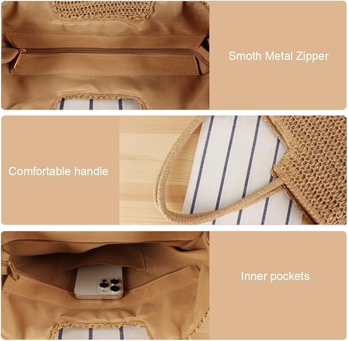 Straw Beach Bags for Women Woven Beach Tote Bag Casual Boho Large Shoulder - Image 6