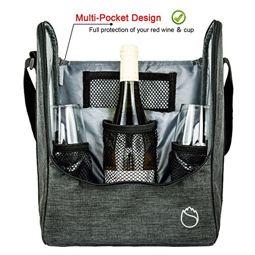 Insulated Wine 3 Bottle Carriers Tote Travel Cooler Gift Bag For Airplane Liquor With Padded Shoulder Strap (3-bottle / 3-Green)