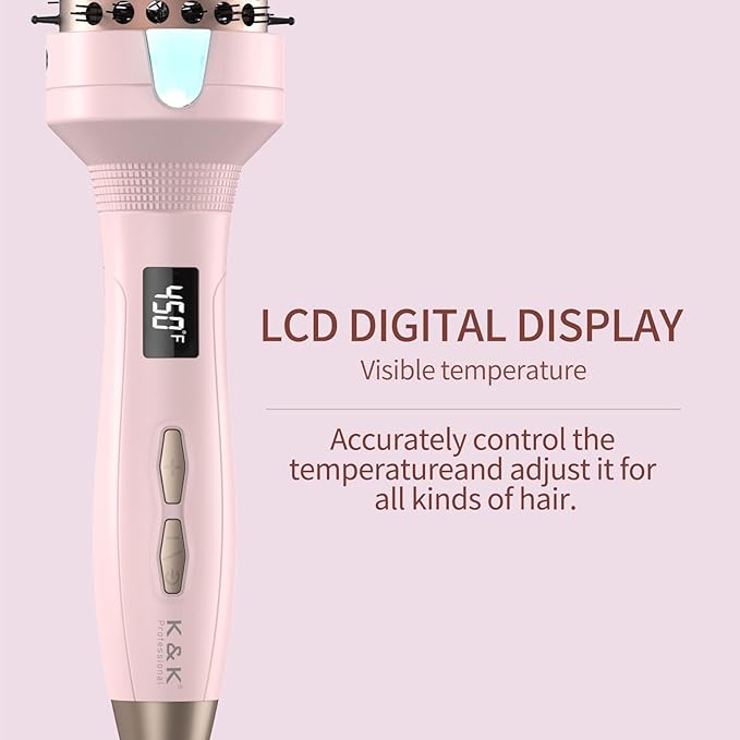 K&K Thermal Brush Heated Round Brush - Blowout Look Volumizer with 1.7 inch Heated Round for Hair Styler Tool Hair Straightener and Curler 2 in 1 Dual Voltage Temperture Contronal (Pink, 1.7 Inch)
