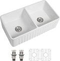 Dcolora Double Bowl Farmhouse Kitchen Sink Reversible Front Apron White by Dcolora