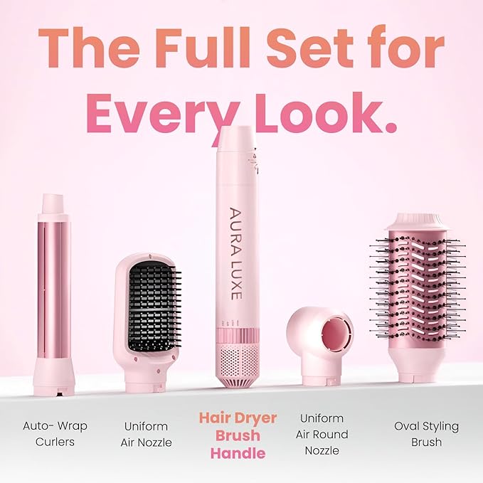 Blow Dryer Brush Set 5 in 1 with Curling Barrels, Volumizing Round & Straightening Brush, Hot Air Hair Styler Multi Styler for Blowouts, Travel Friendly, Pink – AURA LUXE