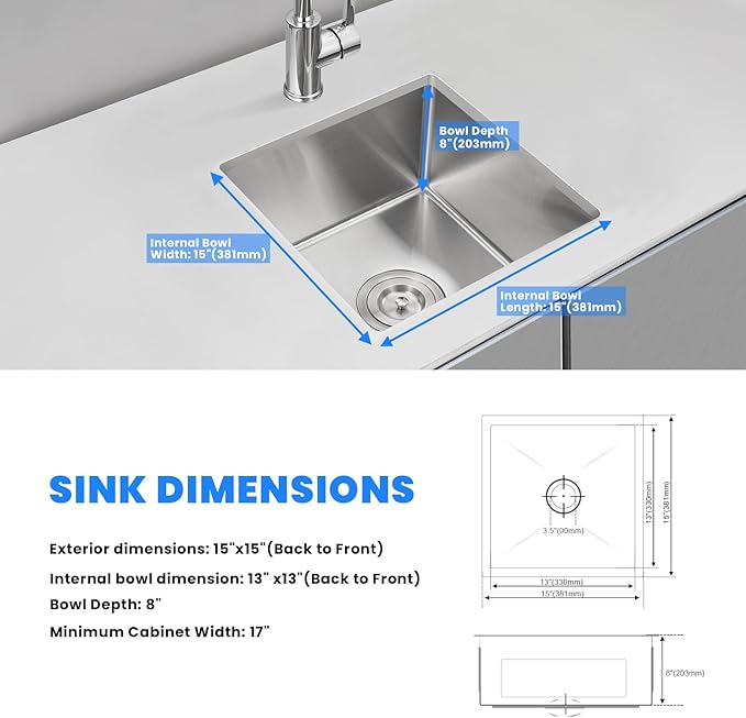 POPFLY 15×15 Inch Undermount Wet Bar Sink, 18 Gauge 304 Stainless Steel Kitchen - Image 3