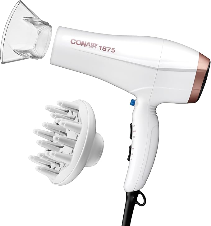 Conair Double Ceramic Hair Dryer, 1875W Blow Dryer with Diffuser and Concentrator, Ionic Conditioning, 3 Heat & 2 Speed Settings, Amazon Exclusive, White