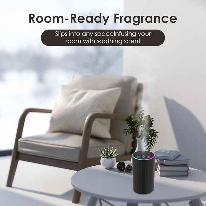 Waterless Essential Oil Diffuser, 7 Colors LED Light, Battery Powered Mini Scent Air Machine, Aromatherapy Mist Diffuser for Home Room Car Office，Black Aluminum Alloy