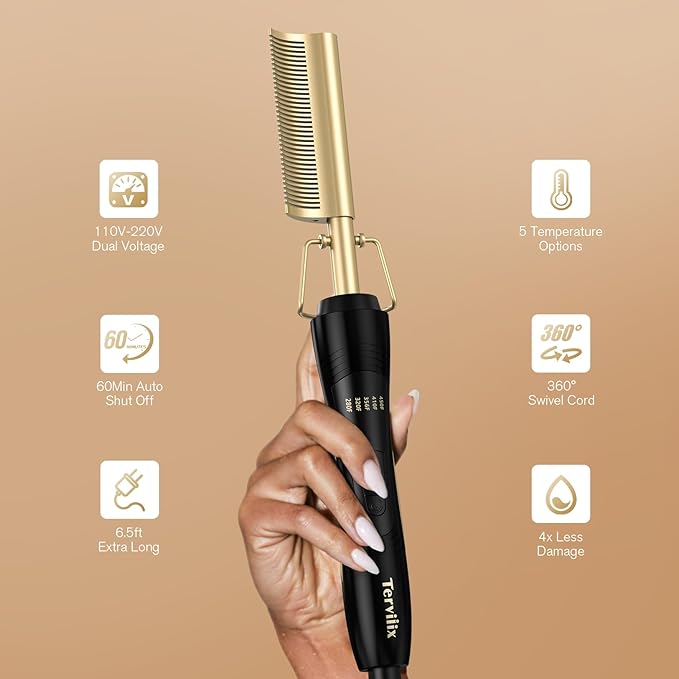 Terviiix Hot Comb for Lace Front Wigs, Curved Teeth Pressing Combs for Black Women Hair, Anti-Scald Straightening Comb, Electric Heat Comb, Temperature Adjustable, 60 Min Auto Shut Off