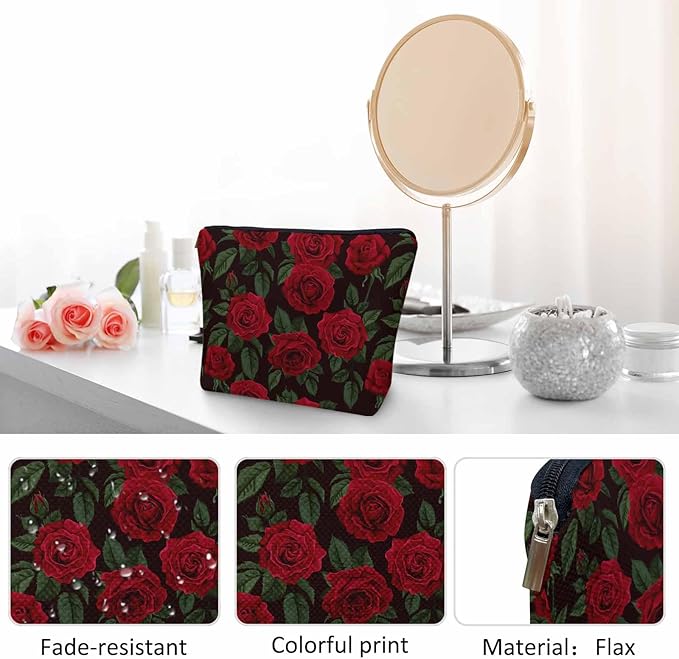 Woman Rose Makeup Bag - Blossom Flower Roses Red Travel Cosmetic Bags Toiletry Makeup Organizer Pencil Pouch For Owners Lady Birthday Gifts